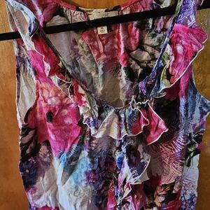 dressbarn Pink and Purple Floral Ruffle Blouse